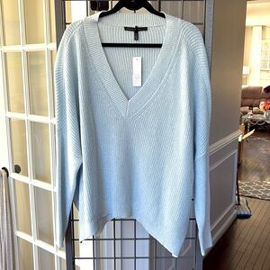 White House Black Market Women's Light Blue V-Neck Sweater with removable collar